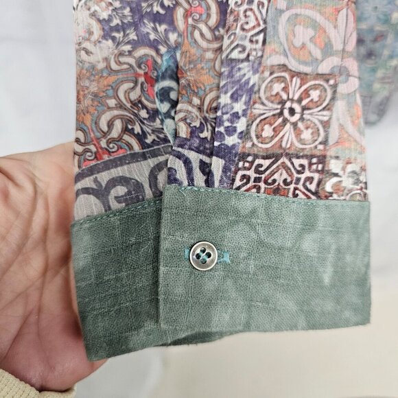 Smash! Green Pink Boho Sheer Tunic Blouse Roll Tab Hi-Low L - Picture 4 of 11